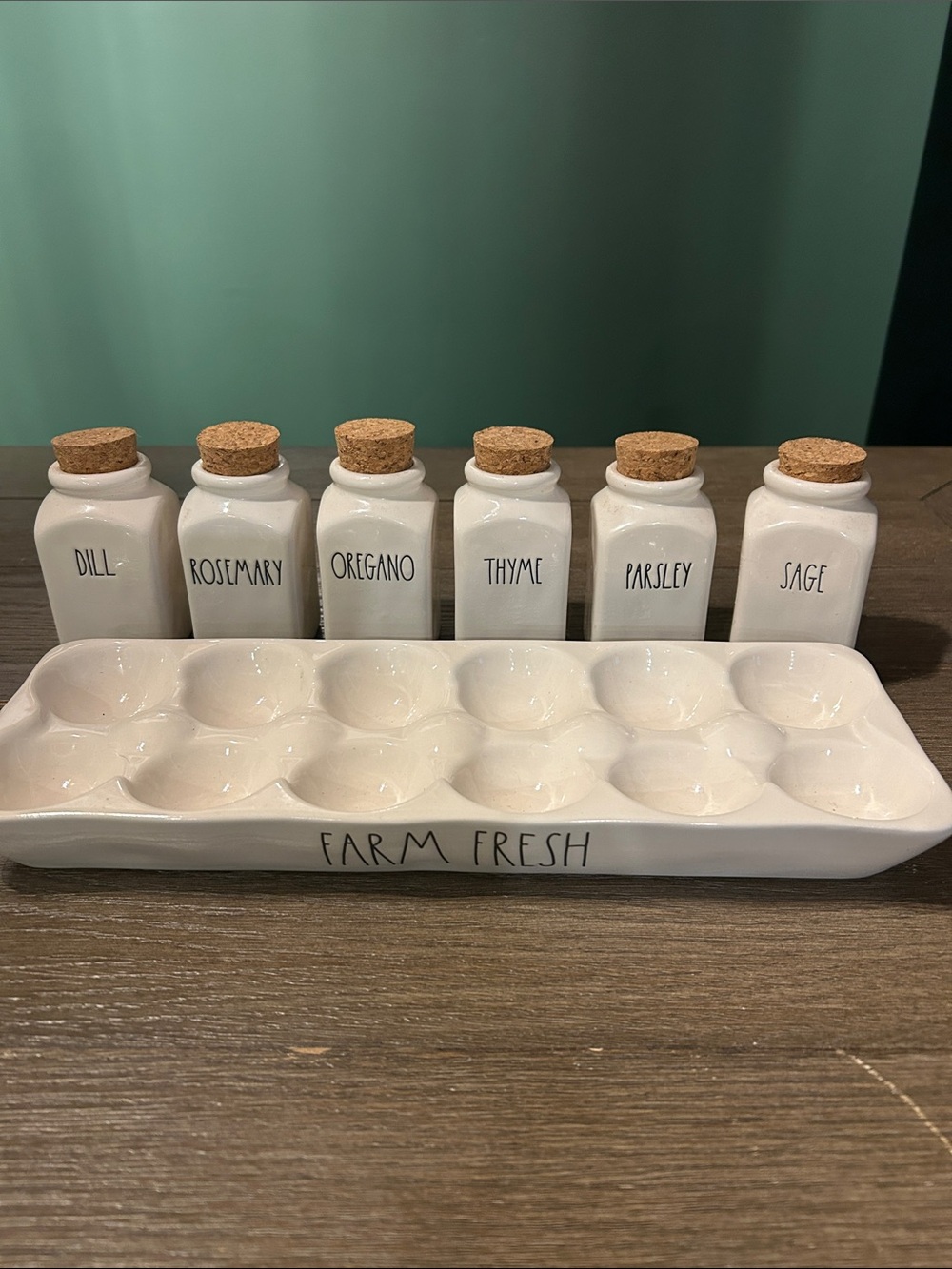 Rae Dunn Artisian Collection Spice bottles and egg holder